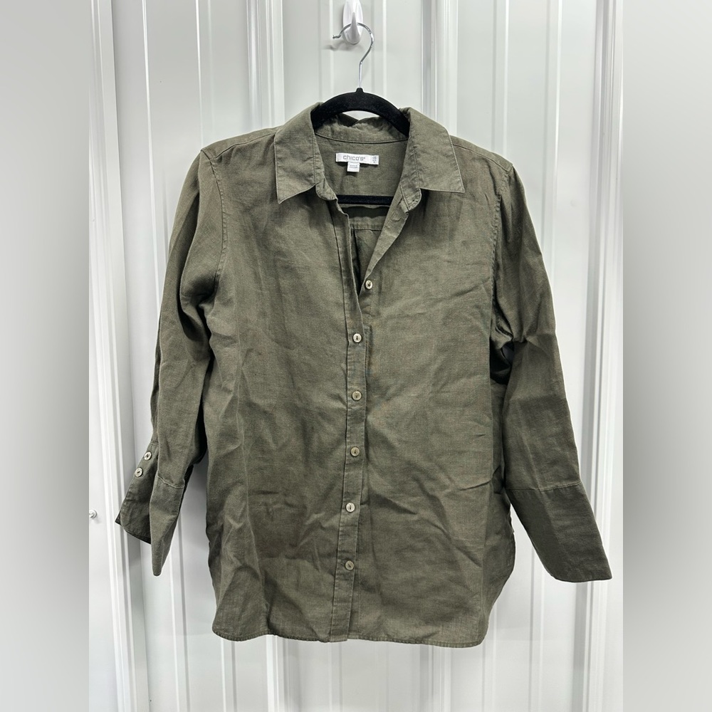 Chico’s 100% Linen Olive Green Button-Front Shirt